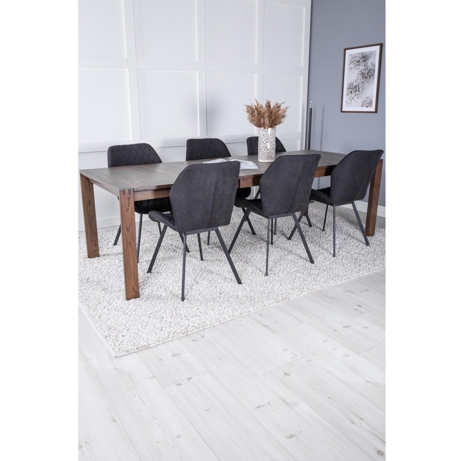VENTURE DESIGN Slider spisebordsett, m. 6 stoler - rkt eikefiner/eik og sort stoff/svart metall