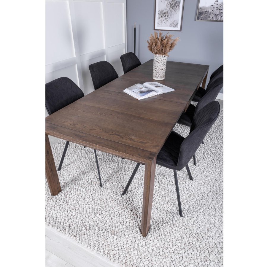 VENTURE DESIGN Slider spisebordsett, m. 6 stoler - rkt eikefiner/eik og sort stoff/svart metall