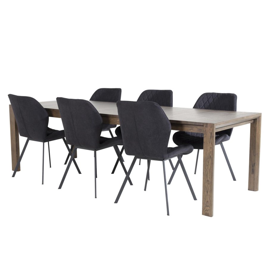 VENTURE DESIGN Slider spisebordsett, m. 6 stoler - rkt eikefiner/eik og sort stoff/svart metall