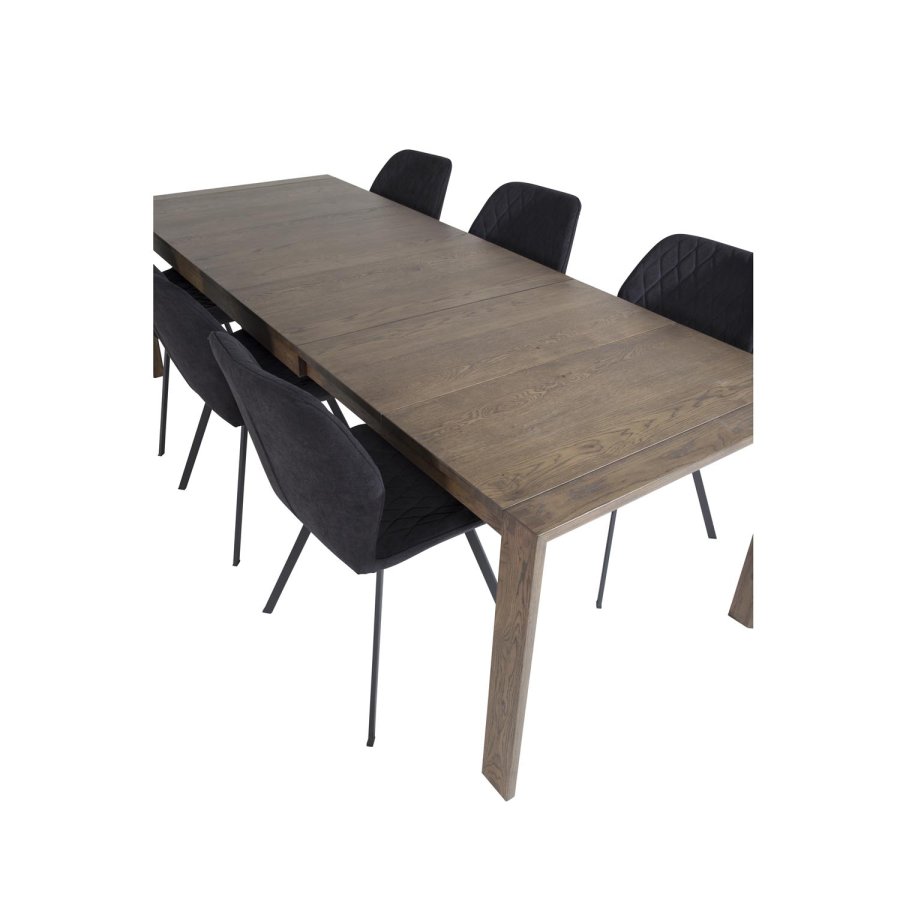VENTURE DESIGN Slider spisebordsett, m. 6 stoler - rkt eikefiner/eik og sort stoff/svart metall