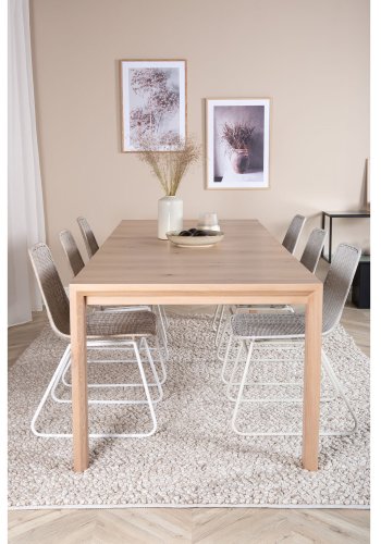 VENTURE DESIGN Slider spisebordsett, m. 6 stoler - hvitkalket eikefiner/eik og hvit rotting/hvit metall
