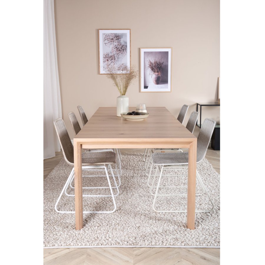VENTURE DESIGN Slider spisebordsett, m. 6 stoler - hvitkalket eikefiner/eik og hvit rotting/hvit metall
