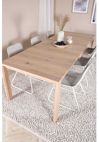 VENTURE DESIGN Slider spisebordsett, m. 6 stoler - hvitkalket eikefiner/eik og hvit rotting/hvit metall