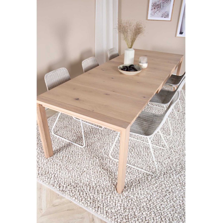 VENTURE DESIGN Slider spisebordsett, m. 6 stoler - hvitkalket eikefiner/eik og hvit rotting/hvit metall