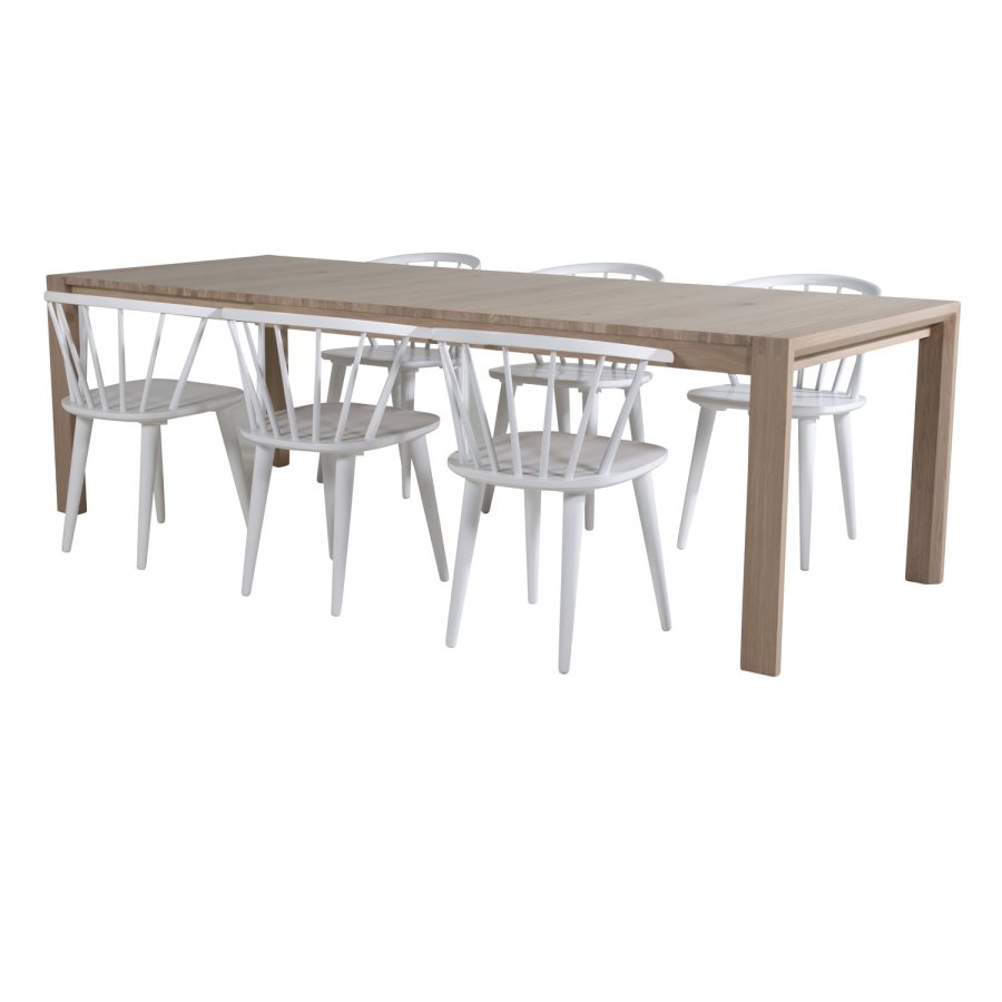 VENTURE DESIGN Slider spisebordsett, m. 6 stoler - hvitkalket eikefiner/eik og hvit rotting/hvit metall