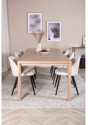 VENTURE DESIGN Slider spisebordsett, m. 6 stoler - hvitkalket eikefiner/eik og beige flyel/svart metall