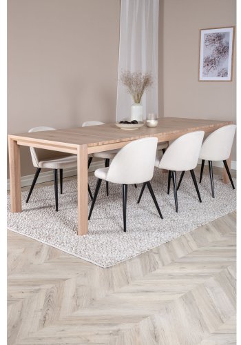 VENTURE DESIGN Slider spisebordsett, m. 6 stoler - hvitkalket eikefiner/eik og beige flyel/svart metall