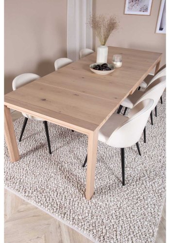 VENTURE DESIGN Slider spisebordsett, m. 6 stoler - hvitkalket eikefiner/eik og beige flyel/svart metall