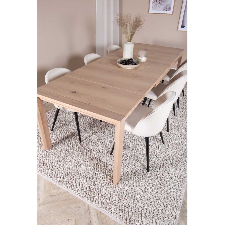VENTURE DESIGN Slider spisebordsett, m. 6 stoler - hvitkalket eikefiner/eik og beige flyel/svart metall