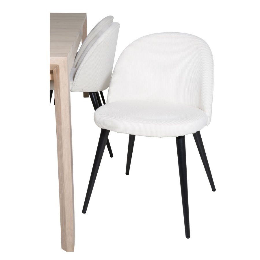 VENTURE DESIGN Slider spisebordsett, m. 6 stoler - hvitkalket eikefiner/eik og beige flyel/svart metall
