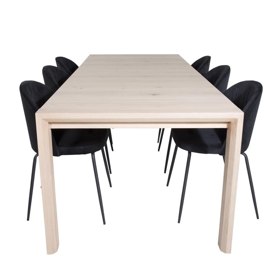 VENTURE DESIGN Slider spisebordsett, m. 6 stoler - hvitkalket eikefiner/eik og sort flyel/svart metall