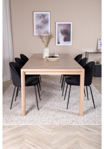 VENTURE DESIGN Slider spisebordsett, m. 6 stoler - hvitkalket eikefiner/eik og sort flyel/svart metall