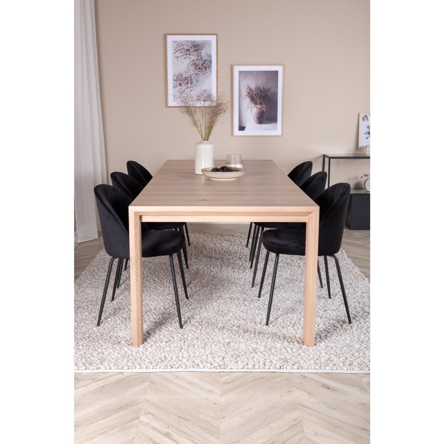 VENTURE DESIGN Slider spisebordsett, m. 6 stoler - hvitkalket eikefiner/eik og sort flyel/svart metall