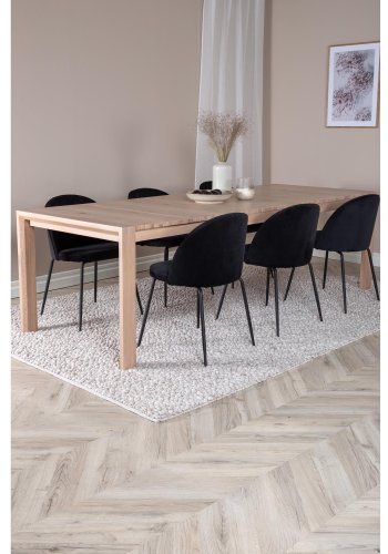VENTURE DESIGN Slider spisebordsett, m. 6 stoler - hvitkalket eikefiner/eik og sort flyel/svart metall