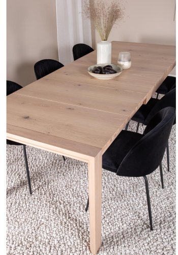 VENTURE DESIGN Slider spisebordsett, m. 6 stoler - hvitkalket eikefiner/eik og sort flyel/svart metall