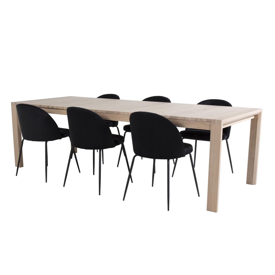 VENTURE DESIGN Slider spisebordsett, m. 6 stoler - hvitkalket eikefiner/eik og sort flyel/svart metall