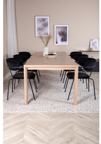 VENTURE DESIGN Slider spisebordsett, m. 6 stoler - hvitkalket eikefiner/eik og sort flyel/svart metall