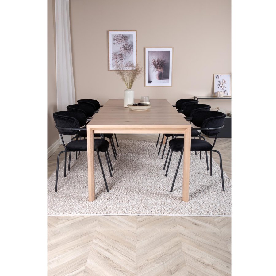 VENTURE DESIGN Slider spisebordsett, m. 6 stoler - hvitkalket eikefiner/eik og sort flyel/svart metall