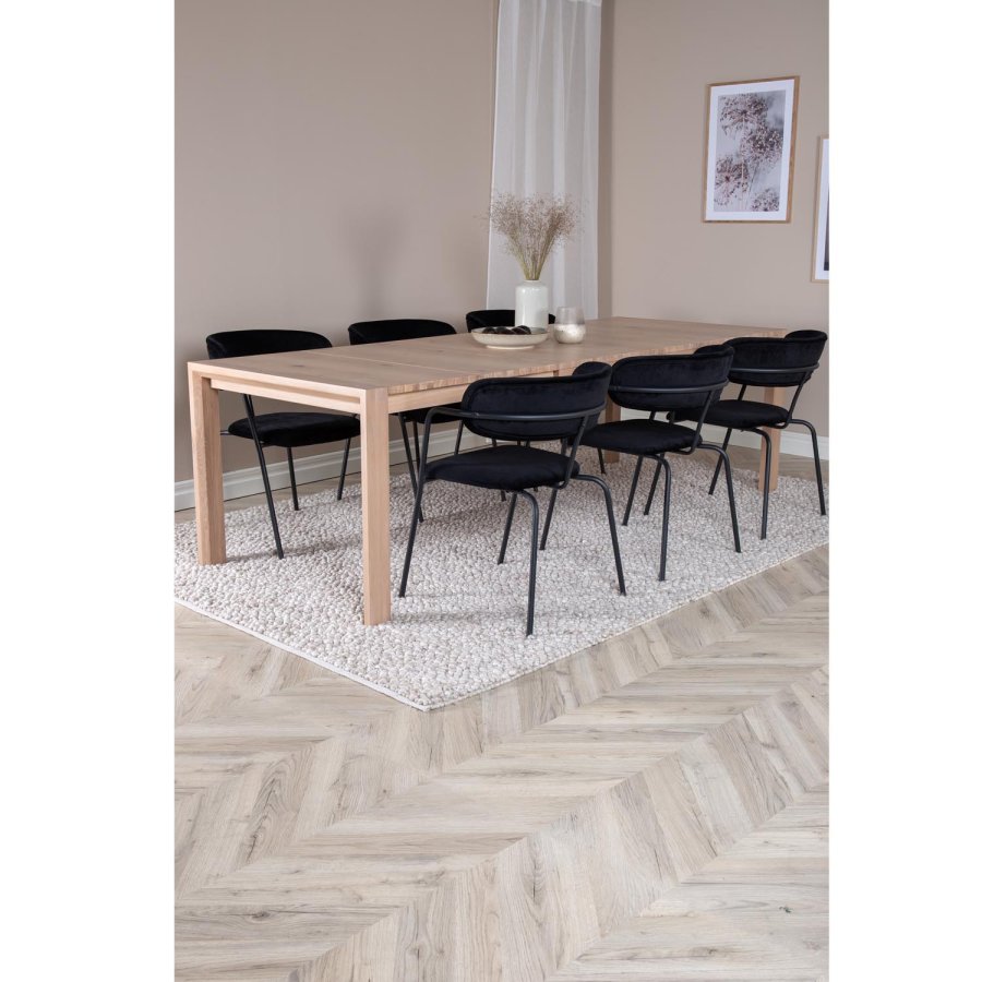 VENTURE DESIGN Slider spisebordsett, m. 6 stoler - hvitkalket eikefiner/eik og sort flyel/svart metall