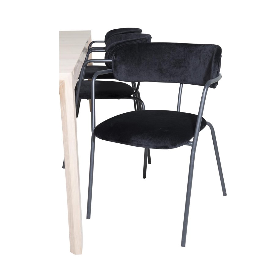 VENTURE DESIGN Slider spisebordsett, m. 6 stoler - hvitkalket eikefiner/eik og sort flyel/svart metall