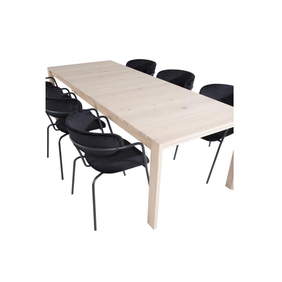 VENTURE DESIGN Slider spisebordsett, m. 6 stoler - hvitkalket eikefiner/eik og sort flyel/svart metall