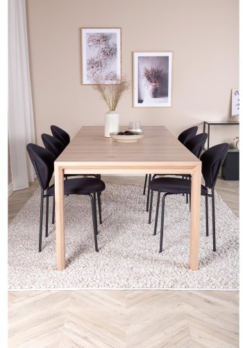 VENTURE DESIGN Slider spisebordsett, m. 6 stoler - hvitkalket eikefiner/eik og sort flyel/svart metall