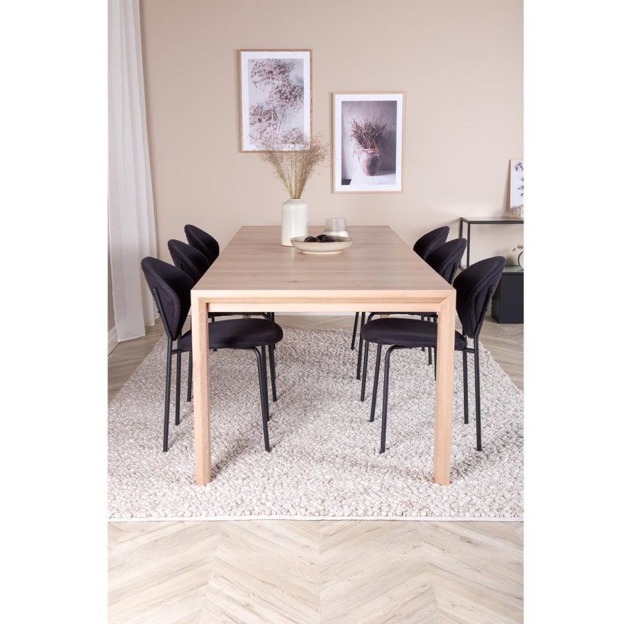 VENTURE DESIGN Slider spisebordsett, m. 6 stoler - hvitkalket eikefiner/eik og sort flyel/svart metall