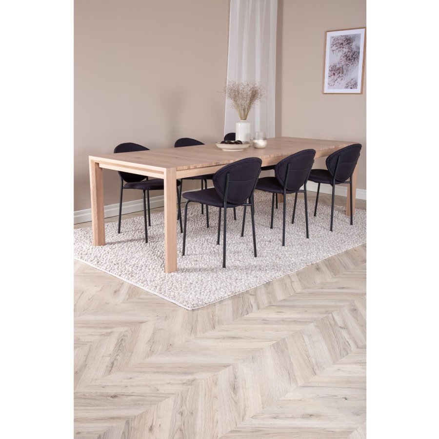 VENTURE DESIGN Slider spisebordsett, m. 6 stoler - hvitkalket eikefiner/eik og sort flyel/svart metall