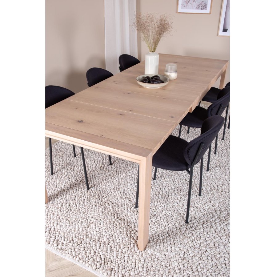 VENTURE DESIGN Slider spisebordsett, m. 6 stoler - hvitkalket eikefiner/eik og sort flyel/svart metall