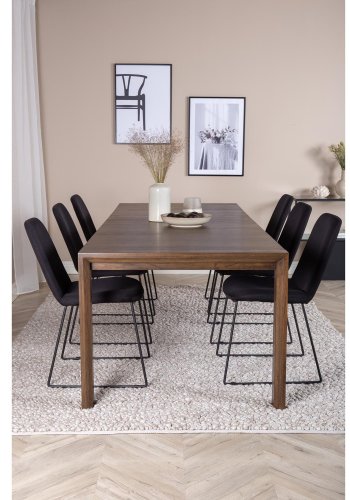 VENTURE DESIGN Slider spisebordsett, m. 6 stoler - rkt eikefiner/eik og sort stoff/svart metall