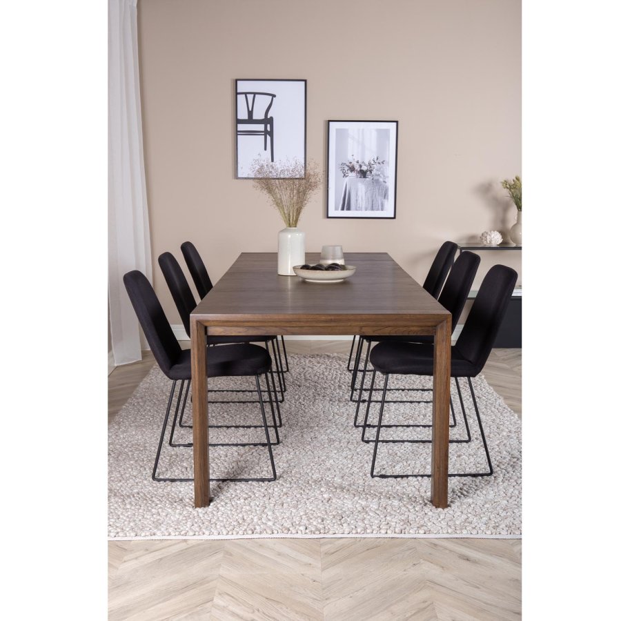 VENTURE DESIGN Slider spisebordsett, m. 6 stoler - rkt eikefiner/eik og sort stoff/svart metall