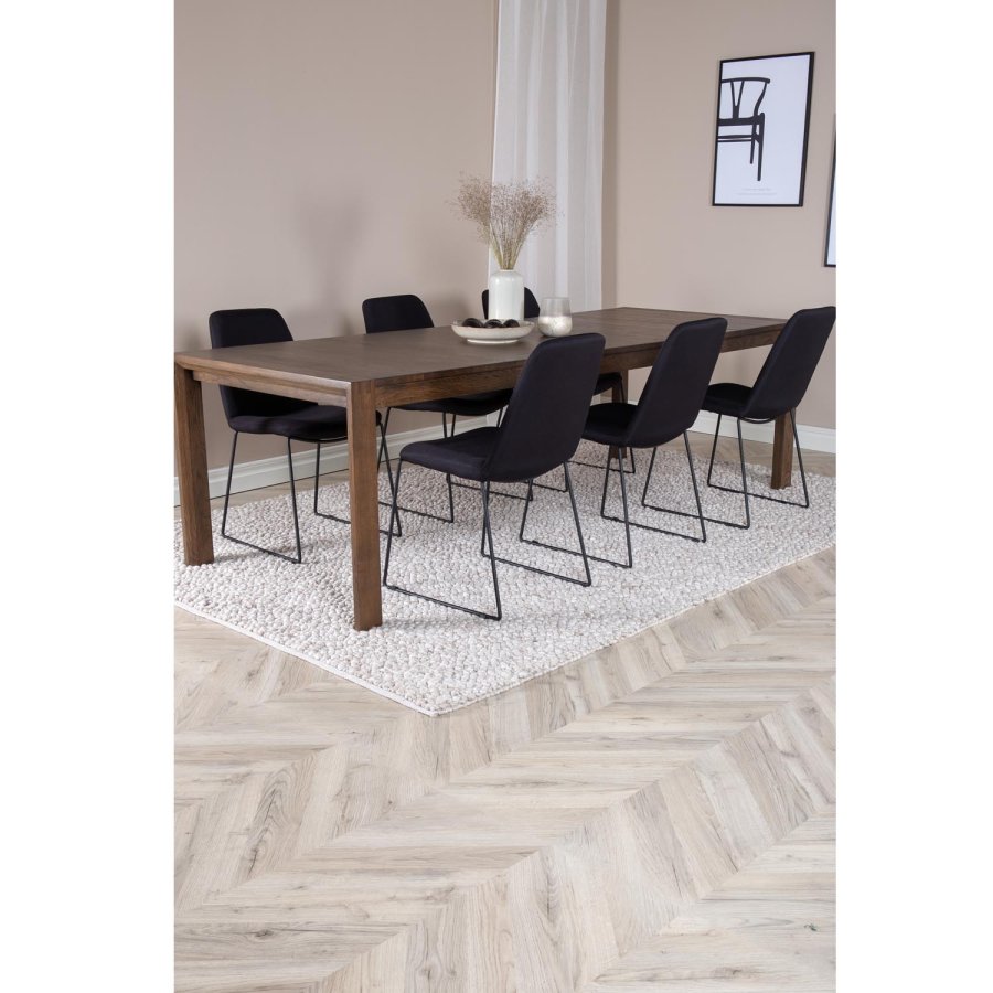 VENTURE DESIGN Slider spisebordsett, m. 6 stoler - rkt eikefiner/eik og sort stoff/svart metall
