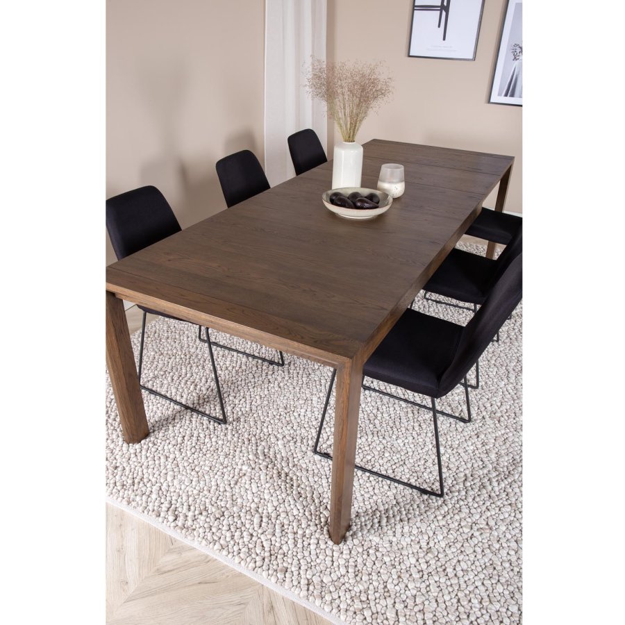 VENTURE DESIGN Slider spisebordsett, m. 6 stoler - rkt eikefiner/eik og sort stoff/svart metall