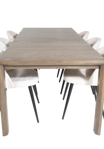 VENTURE DESIGN Slider spisebordsett, m. 6 stoler - rkt eikefiner/eik og beige flyel/svart metall
