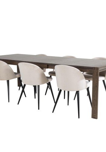 VENTURE DESIGN Slider spisebordsett, m. 6 stoler - rkt eikefiner/eik og beige flyel/svart metall