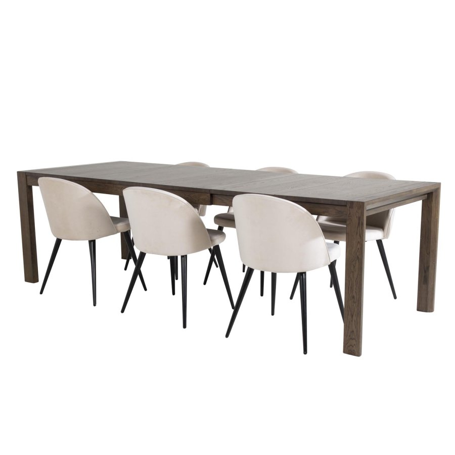 VENTURE DESIGN Slider spisebordsett, m. 6 stoler - rkt eikefiner/eik og beige flyel/svart metall