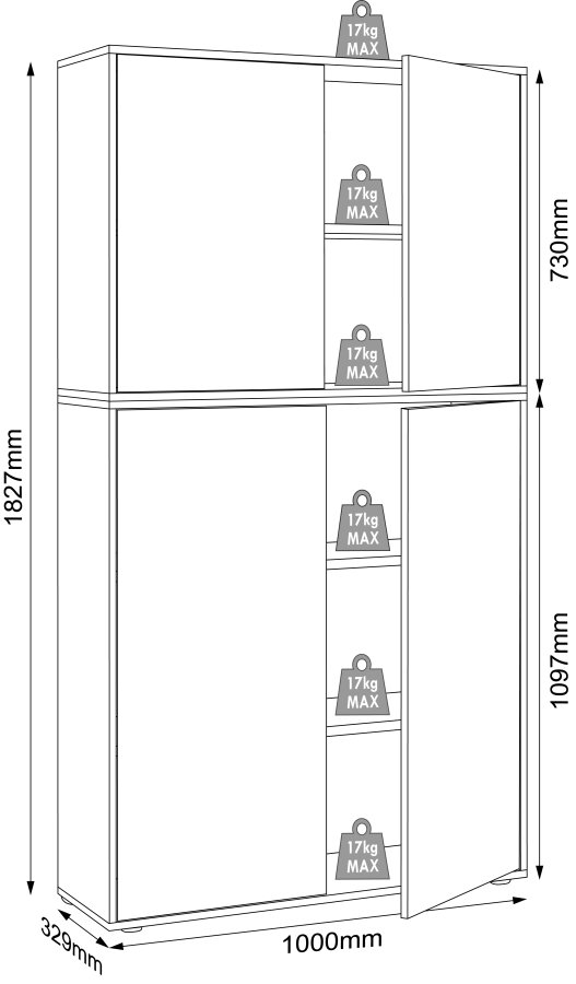 VCM NORDIC Salia B100 Büroregal, mit 4 Türen und 3 verstellbaren Böden - Weiß und Naturholz