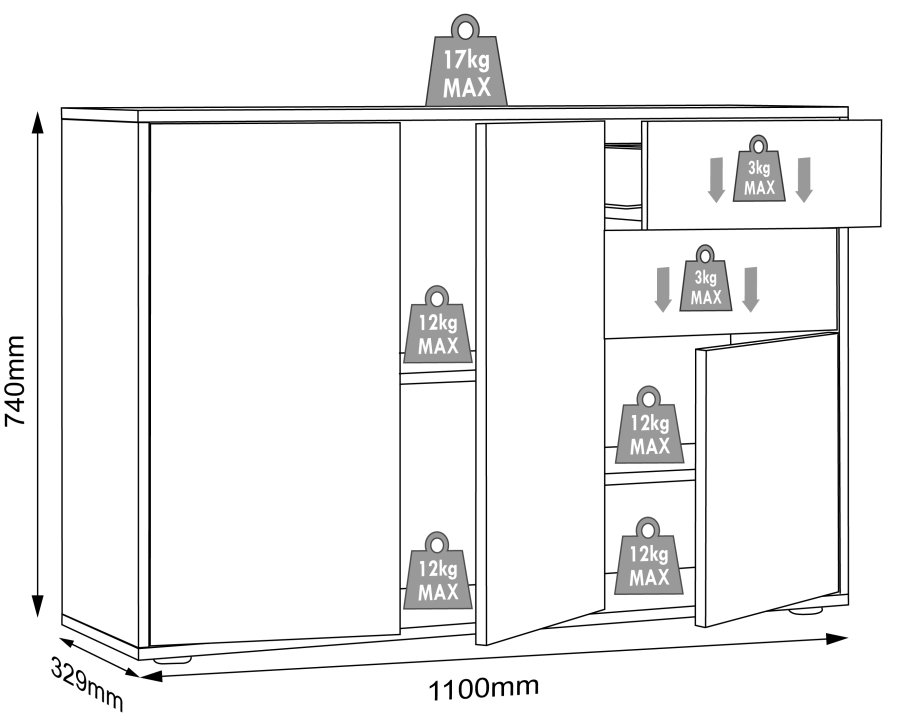 VCM NORDIC Salia B110 Bürokommode, m. 3 Türen, 2 Schubladen, 2 Einlegeböden - Anthrazitgrau/Naturholz