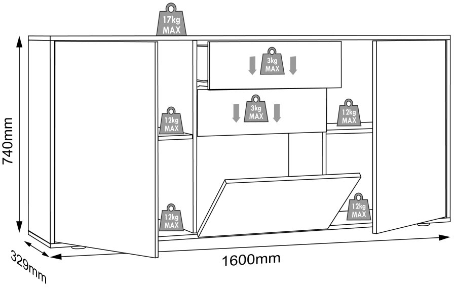 VCM NORDIC Salia B160 Bürokommode, m. 3 Türen, 2 Schubladen, 2 Einlegeböden - weiß/natur