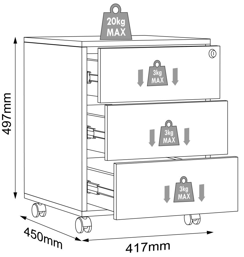 VCM NORDIC Salia T 45 Aktenschrank, abschließbar, mit 3 Schubladen und Rollen – Weiß und Naturholz