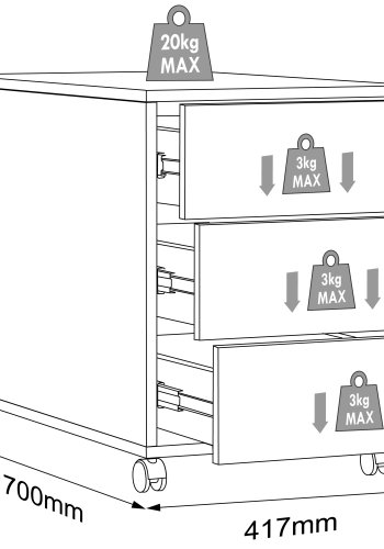VCM NORDIC Salia T 70 Aktenschrank, abschließbar, mit 3 Schubladen und Rollen – Weiß und Naturholz