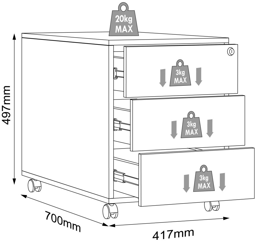 VCM NORDIC Salia T 70 arkivskap, lsbart, m. 3 skuffer og hjul - antrasittgr og naturlig tre