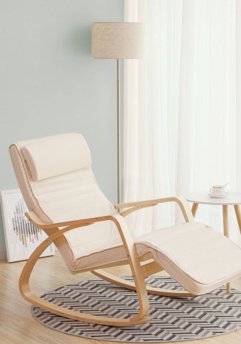 SONGMICS LYY10M gyngestol, m. arml�n, justerbar fodst�tte i 5 pos. - beige bomuld stof og natur birketr�
