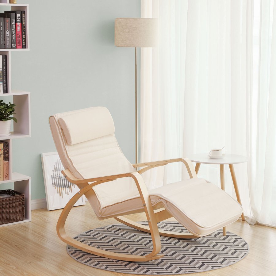 SONGMICS LYY10M gyngestol, m. arml�n, justerbar fodst�tte i 5 pos. - beige bomuld stof og natur birketr�