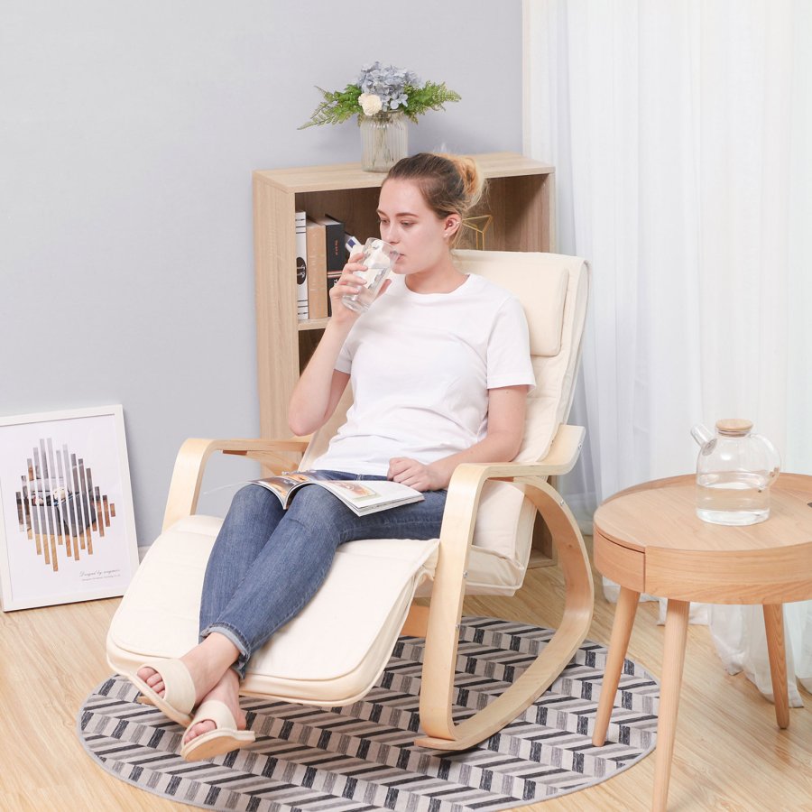 SONGMICS LYY10M gyngestol, m. arml�n, justerbar fodst�tte i 5 pos. - beige bomuld stof og natur birketr�