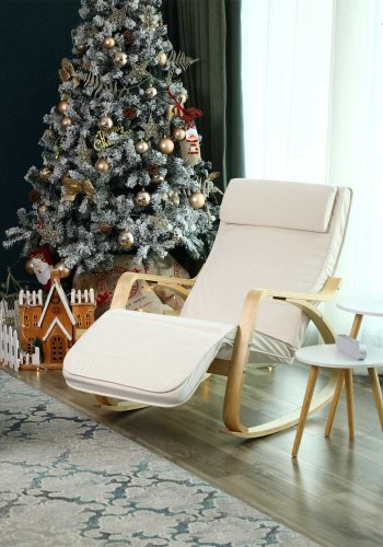 SONGMICS LYY10M gyngestol, m. arml�n, justerbar fodst�tte i 5 pos. - beige bomuld stof og natur birketr�