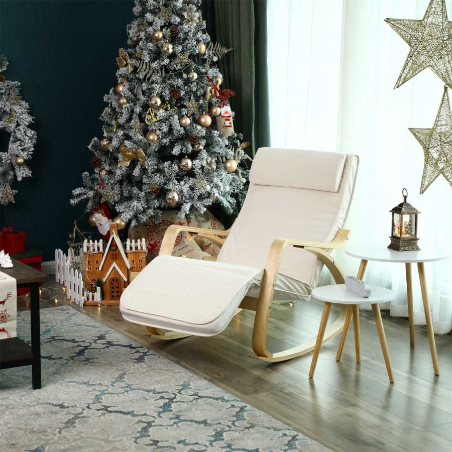 SONGMICS LYY10M gyngestol, m. arml�n, justerbar fodst�tte i 5 pos. - beige bomuld stof og natur birketr�