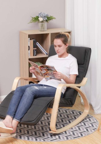 SONGMICS LYY10G gyngestol, m. arml�n, justerbar fodst�tte i 5 pos. - gr� bomuld stof og natur birketr�