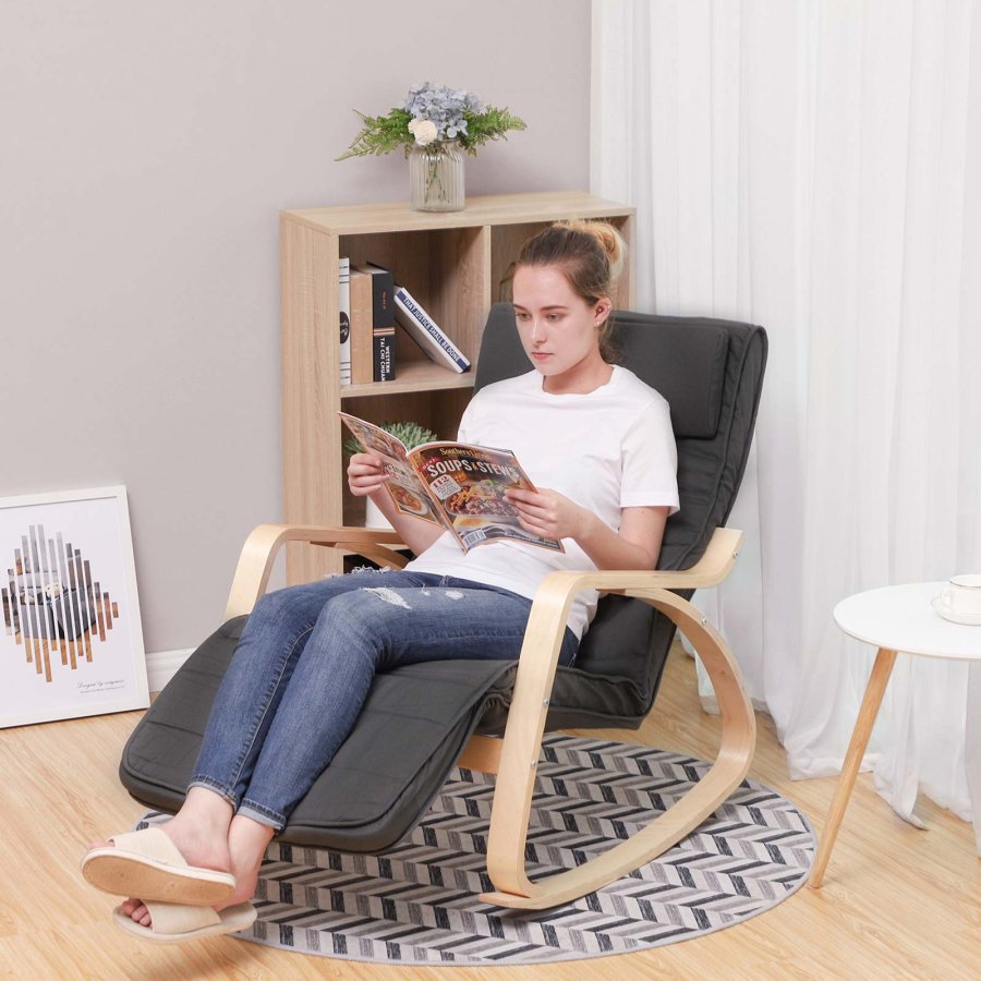 SONGMICS LYY10G gyngestol, m. arml�n, justerbar fodst�tte i 5 pos. - gr� bomuld stof og natur birketr�