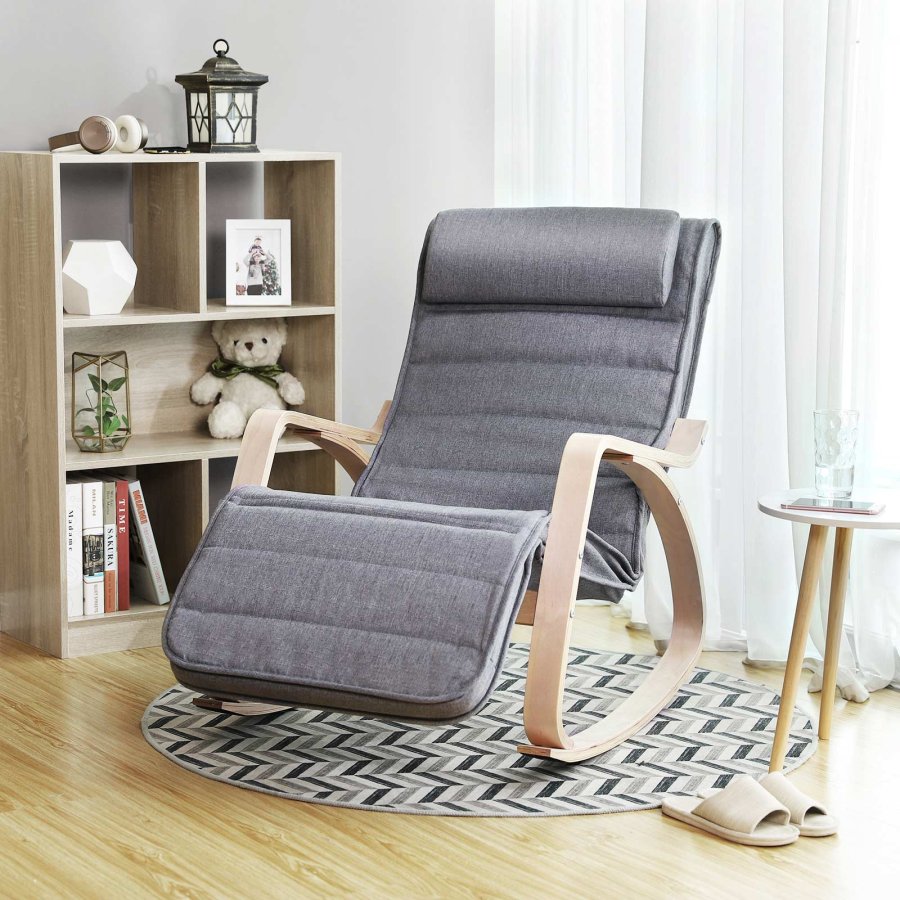 SONGMICS gyngestol, m. arml�n, justerbar fodst�tte i 5 pos. - gr� kunsth�r stof og natur birketr�